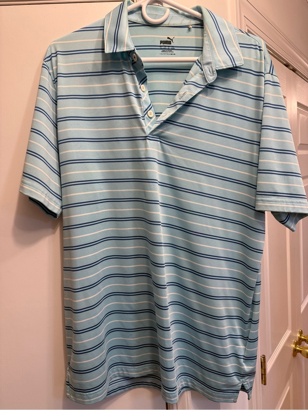 Puma Men’s Light Blue Polo with Navy & White Stripes